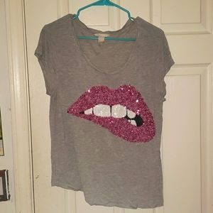 H&M Sequin Biting Lip Grey T Shirt